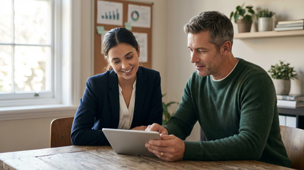 Two professionals in a cozy office leaning over a tablet checklist with charts softly visible in the background; warm natural light and shallow depth of field emphasize a calm, collaborative moment.
