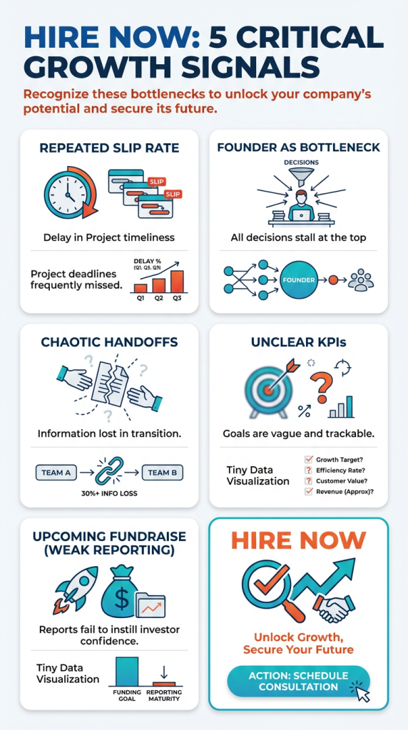 Vertical infographic titled 'Hire Now' showing a modular checklist of five hiring signals with simple icons, short labels, and mini visualizations; clean white background and brand colors for headings and highlights.