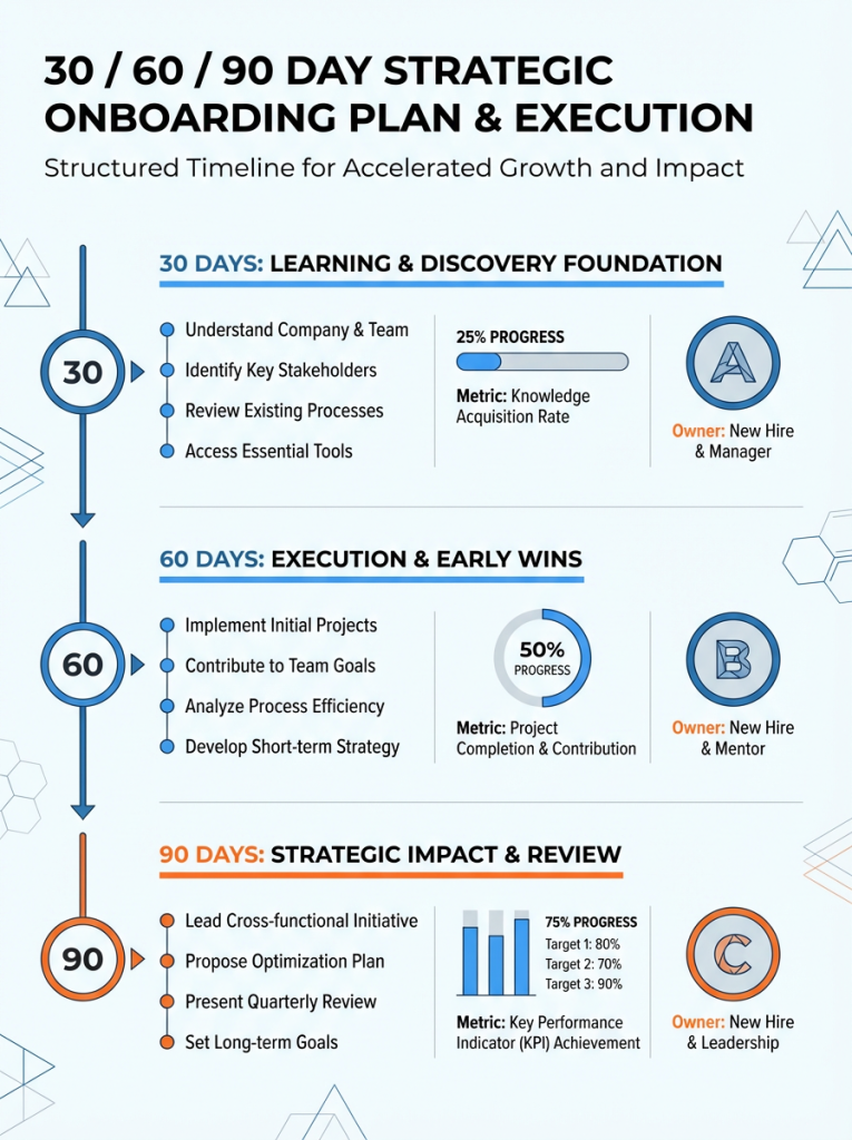 Vertical infographic showing a three-lane 30-60-90 plan with stacked lanes for milestones, compact metric charts, and owner labels, using the brand color palette and simple geometric icons for clarity.