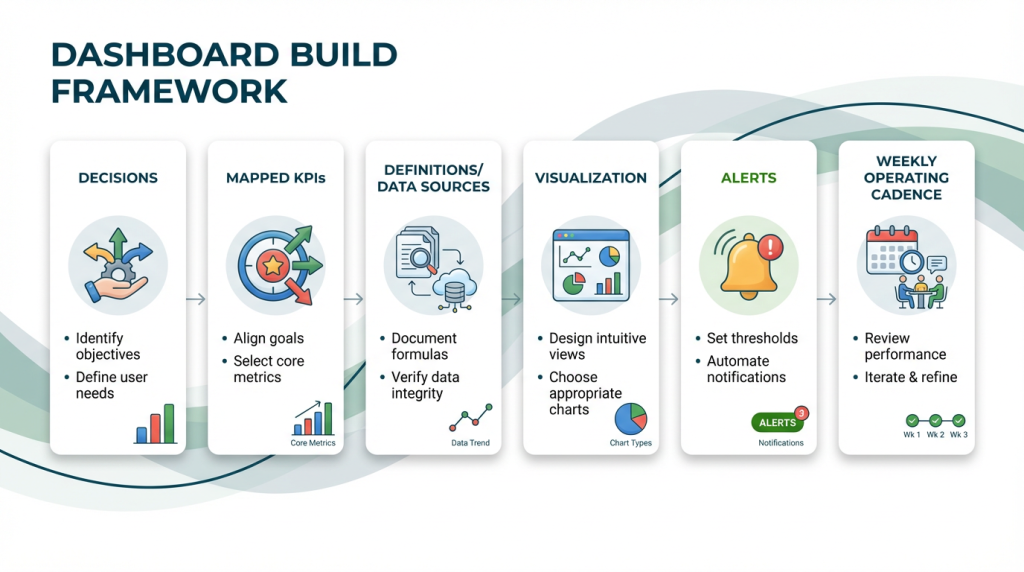 Horizontal infographic showing a six-step dashboard build framework from decisions to weekly operating cadence, with semi-illustrative icons, simple charts, and clear labels using the brand color palette for hierarchy.