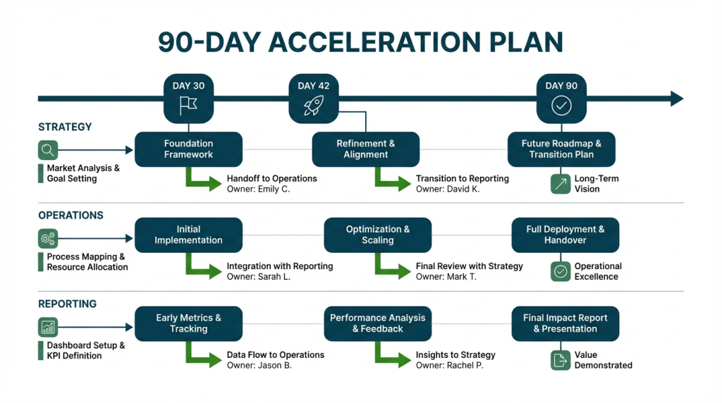 Horizontal timeline infographic of a 90-day acceleration plan with three swimlanes labeled Strategy, Operations, and Reporting, showing milestones at Day 30, Day 42, and Day 90 with clear handoff arrows and owner labels.