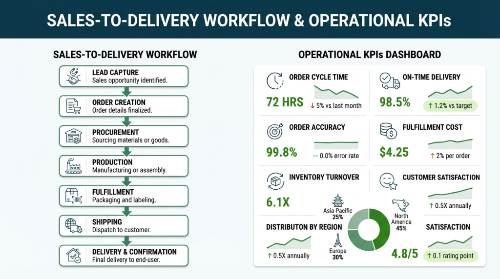 Split-screen infographic showing a left sales-to-delivery workflow with step cards and arrows, and a right dashboard panel with five to seven KPI cards and small trend lines, using a dark header and clean white panels. The design features line icons, clear headings, and brand colors for emphasis to ensure quick visual comprehension.