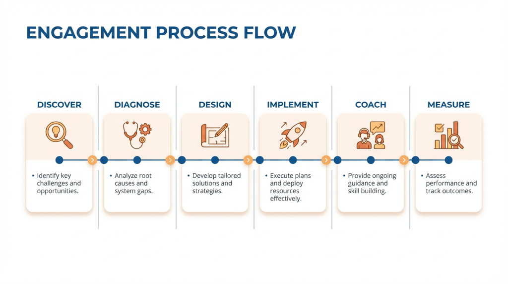 Horizontal infographic showing a six-step engagement flow (Discover → Diagnose → Design → Implement → Coach → Measure) with short labels and simple filled icons on a clean white background, using brand colors for emphasis. The design emphasizes clear hierarchy and easy scanning from left to right.