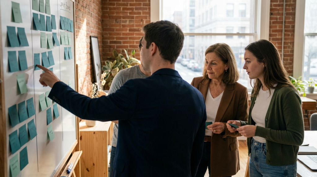 Three-person startup team in a cozy office stand-up meeting with a founder pointing at a sprint board covered in sticky notes, captured in warm natural light and shallow focus to emphasize urgency and alignment.