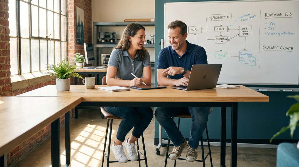 Two professionals collaborating at a startup workspace with laptops open and architecture sketches on a whiteboard, lit by warm natural window light; one sketches on a tablet while the other reviews the roadmap. The composition is clean and focused, highlighting a collaborative product-planning moment.