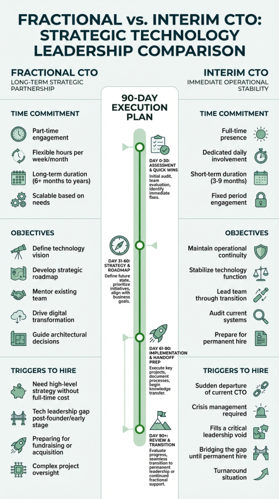 Vertical infographic comparing fractional CTO and interim CTO across time commitment, objectives, and triggers to hire, with a central 90-day vertical timeline showing key milestones and icons, using the brand color palette for clear visual hierarchy.