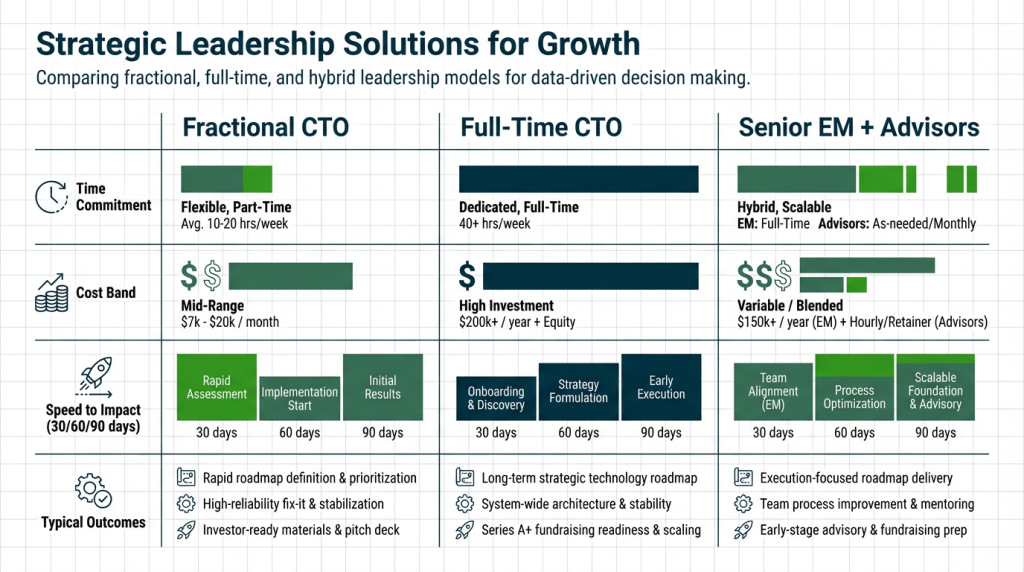 Infographic comparing three CTO engagement models side-by-side, showing time commitment, cost bands, 30/60/90 day speed to impact, and typical outcomes like roadmap clarity, reliability, and fundraising readiness in a clean grid layout.