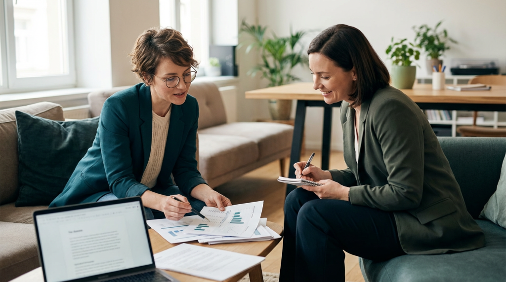 Two professionals seated in a cozy startup workspace reviewing financial documents together, leaning over a laptop and papers with engaged expressions under warm natural light.
