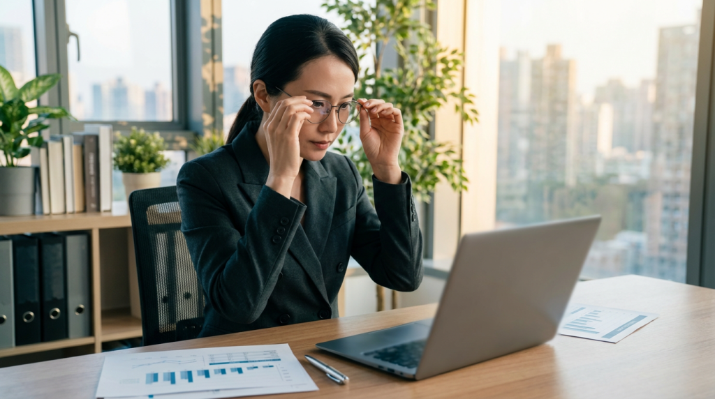 Focused executive adjusting glasses while reviewing reports on a laptop in a modern, high-rise office with city views.