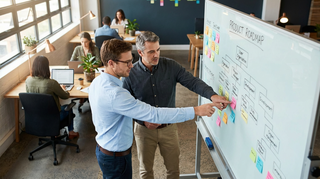 Founder reviewing organization chart with an executive