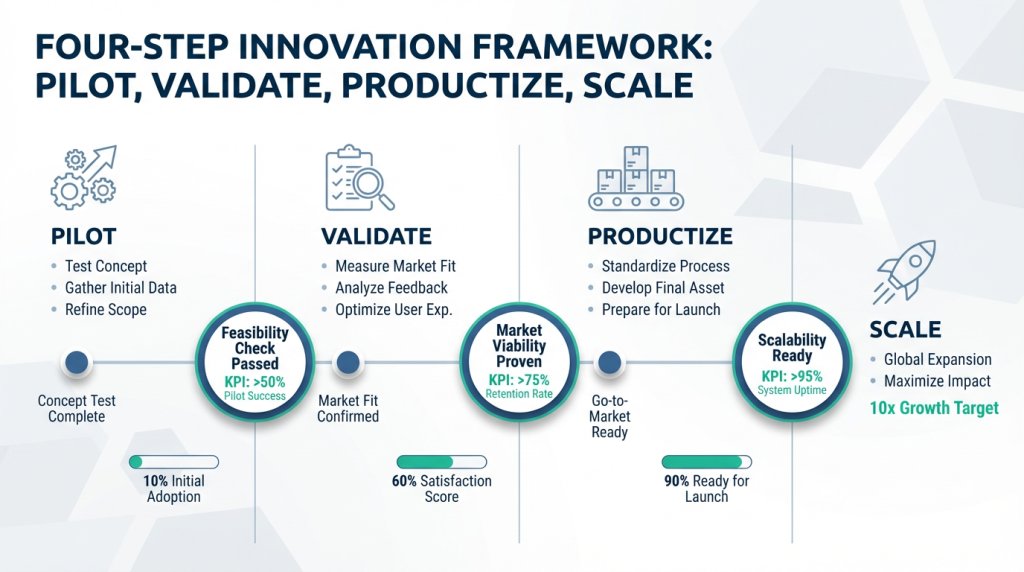 Three-column infographic showing a four-step framework (Pilot, Validate, Productize, Scale) with timeline checkpoints beneath each stage and KPI gate badges, using the brand color palette for emphasis. Clean flat design with line icons and clear labels to support quick comprehension.